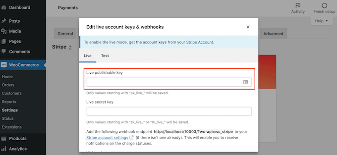 The Stripe live publishable key The Stripe live publishable key