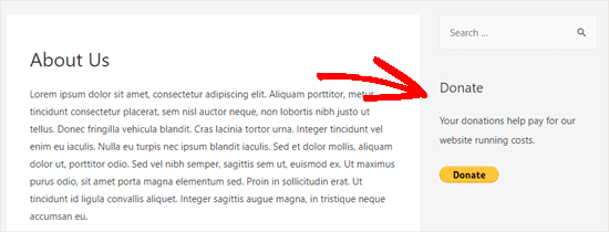 El widget Donar en vivo en la barra lateral de nuestro sitio web de demostración El widget Donar en vivo en la barra lateral de nuestro sitio web de demostración