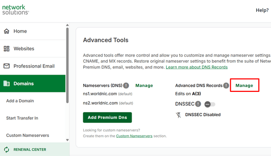 Click Manage Advanced DNS Records