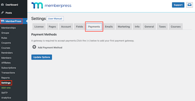 MemberPress' payment settings MemberPress' payment settings