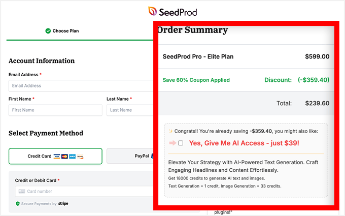 The checkout page, with confirmation that the 60% off coupon has been applied