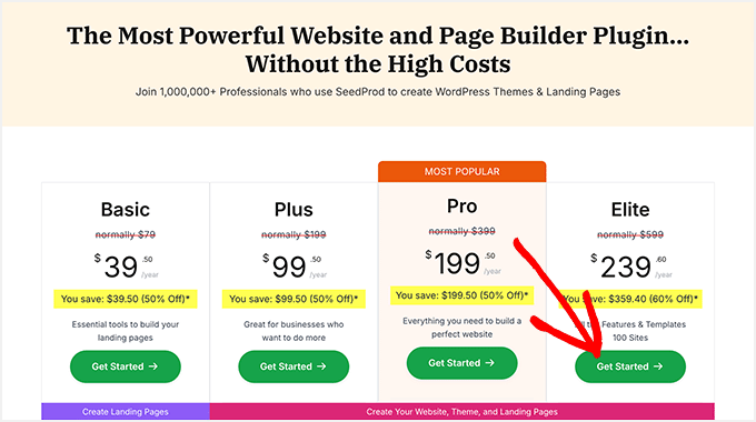 The plans and pricing page on SeedProd, with the 60% discount already applied
