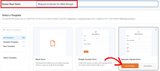 Select the Request A Quote form template Select the Request A Quote form template