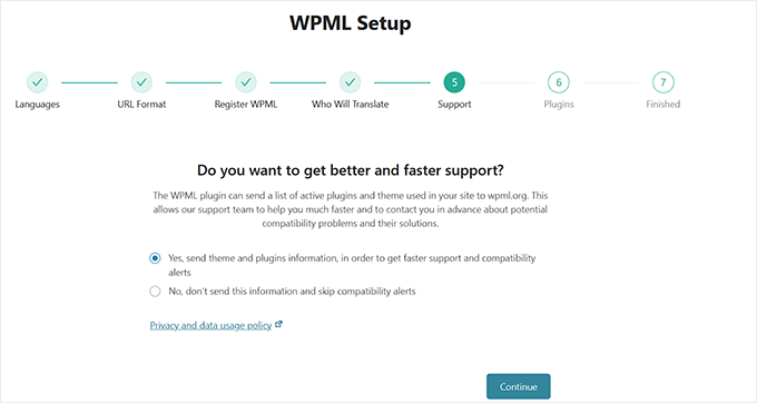 Selecciona si deseas compartir la información de tus plugins y tema con WPML Selecciona si deseas compartir la información de tus plugins y tema con WPML