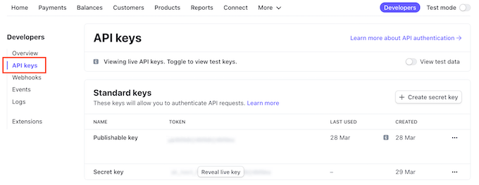The Stripe API keys The Stripe API keys