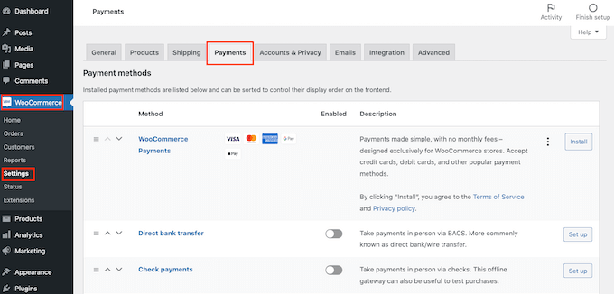 The WooCommerce payment settings The WooCommerce payment settings