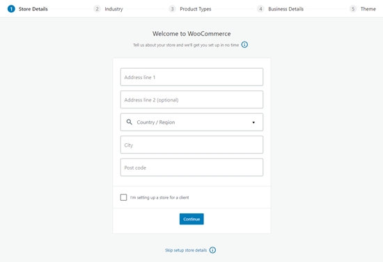 The start of the WooCommerce setup wizard