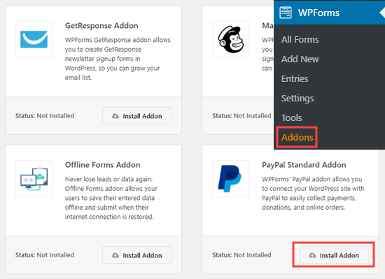 Instalando el complemento PayPal Standard en WPForms Instalando el complemento PayPal Standard en WPForms