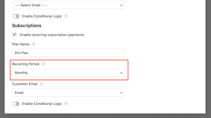 Setting the recurring payment period Setting the recurring payment period