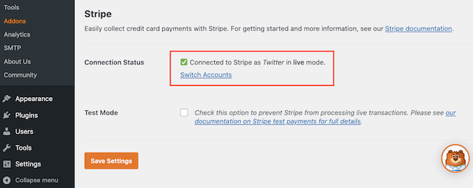 WPForms' Stripe connection status WPForms' Stripe connection status