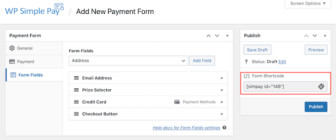 The WP Simple Pay form shortcode The WP Simple Pay form shortcode
