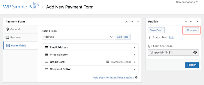 Previewing the WordPress recurring payment form Previewing the WordPress recurring payment form