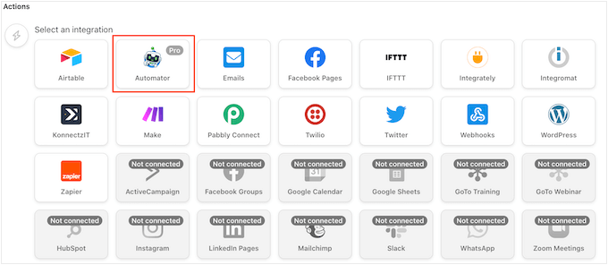 Choosing an action in Uncanny Automator Choosing an action in Uncanny Automator