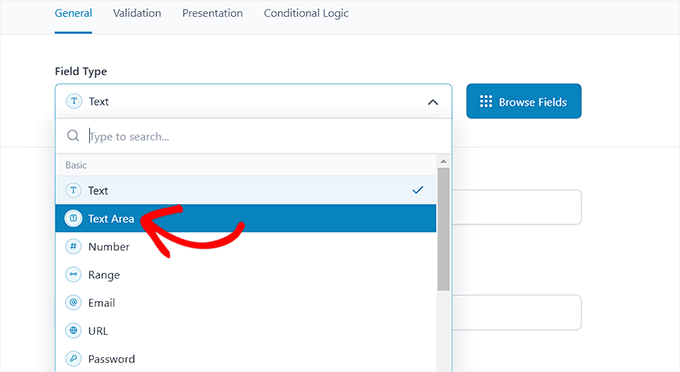 Wählen Sie einen Feldtyp aus dem Dropdown-Menü