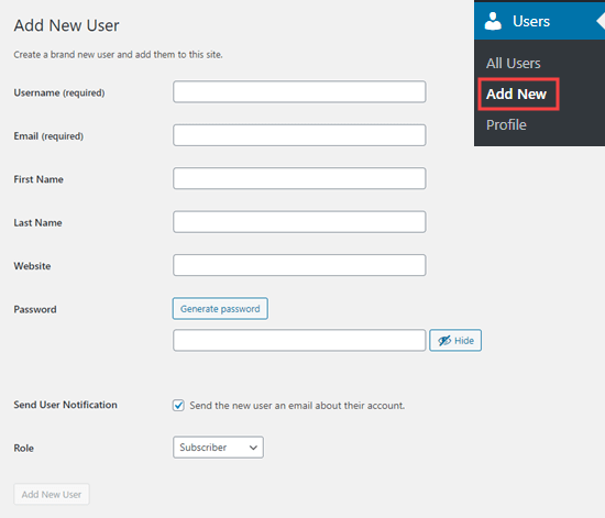 Fill out the form to add a new user to your website Fill out the form to add a new user to your website