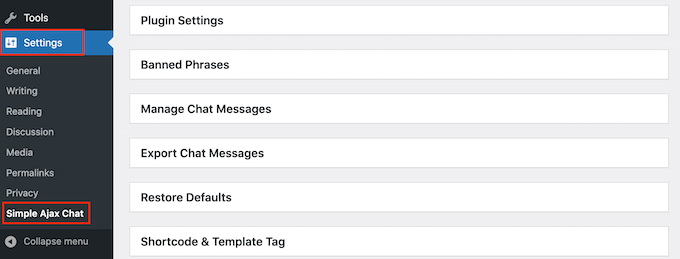 The Simple Ajax Chat plugin's settings The Simple Ajax Chat plugin's settings