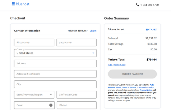 Add contact information to sign up for Bluehost