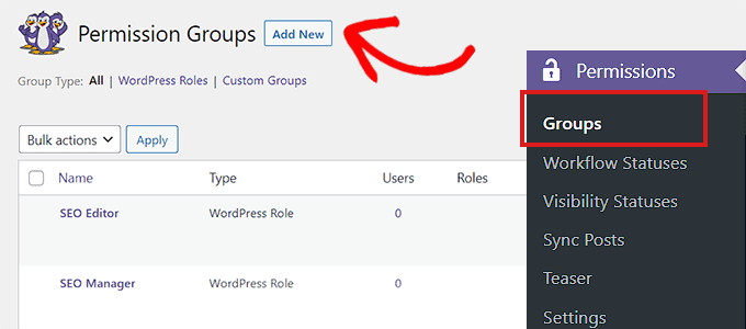 Click the Add New button to create a new permission group Click the Add New button to create a new permission group