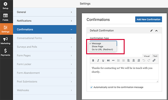 Change confirmation message or type Change confirmation message or type