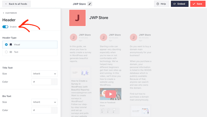 Removing the header from your custom Facebook feed Removing the header from your custom Facebook feed