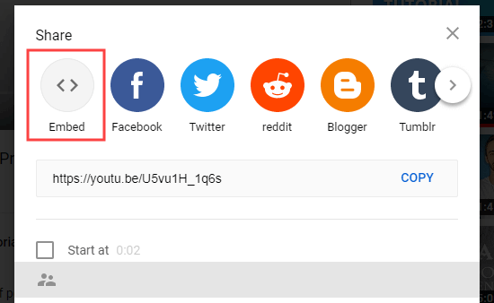 Clicking the Embed button to get the YouTube embed code Clicking the Embed button to get the YouTube embed code