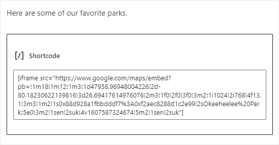 The shortcode to embed a Google map The shortcode to embed a Google map