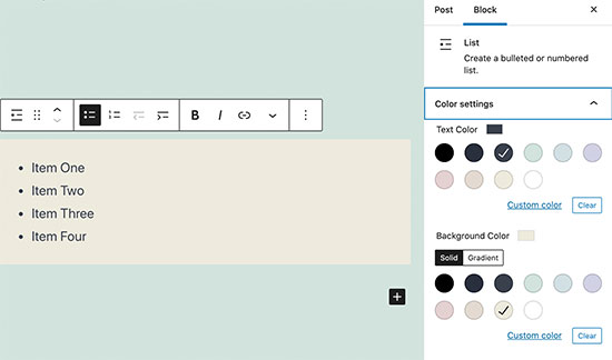Configuración de color del bloque de lista Configuración de color del bloque de lista