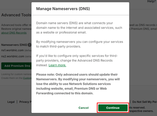 Changing nameservers warning in Network Solutions