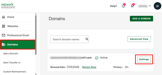 Network Solutions domain settings