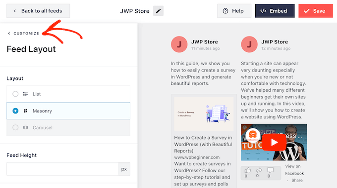 Returning to the Smash Balloon customize screen Returning to the Smash Balloon customize screen