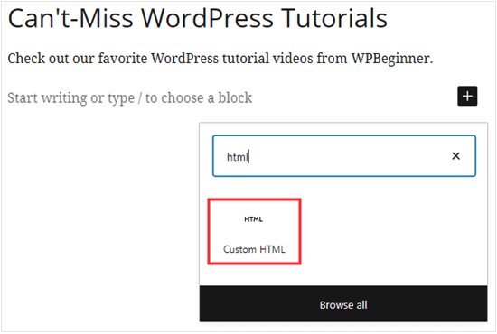 Adding a custom HTML block in WordPress Adding a custom HTML block in WordPress