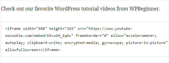 Pasting the YouTube HTML code into the iFrame block Pasting the YouTube HTML code into the iFrame block