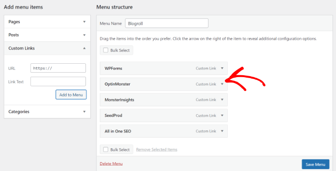 Blogroll link added Add as many custom links you want