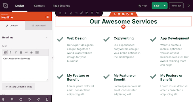 Editing a services section in WordPress Editing a services section in WordPress