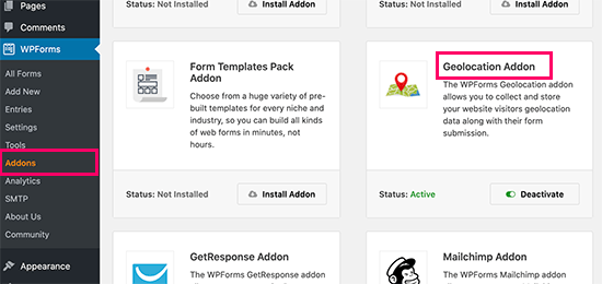 Componente aggiuntivo Geo Location in WPForms