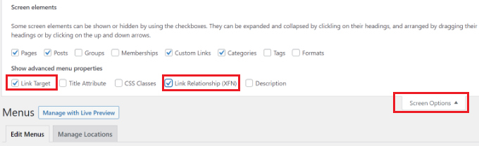 Show advanced link options for WordPress menus Open screen elements