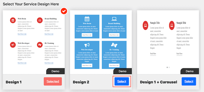 Choosing a design for the services section Choosing a design for the services section