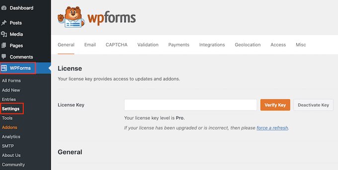 Entering your license key for WPForms Entering the WPForms license key