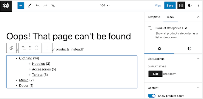 An example of product categories on a 404 page template An example of product categories on a 404 page template