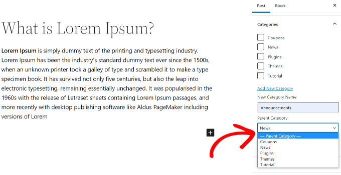 Aggiungi una sottocategoria
