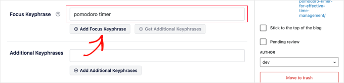 Add focus keyword for your post or page Add focus keyword for your post or page