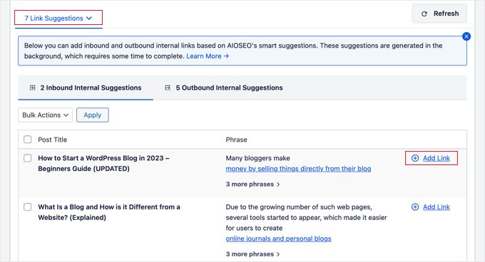 Viewing Link Suggestions Offered by AIOSEO's Link Assistant Viewing Link Suggestions Offered by AIOSEO's Link Assistant