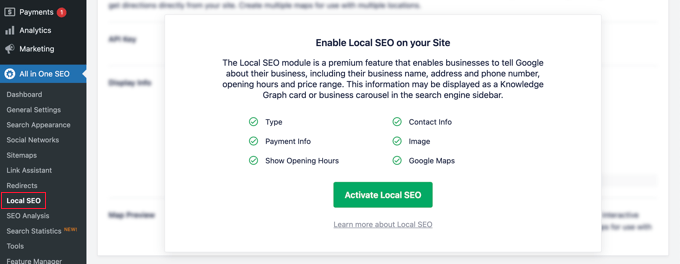 Activate Local SEO in AIOSEO Activate Local SEO in AIOSEO