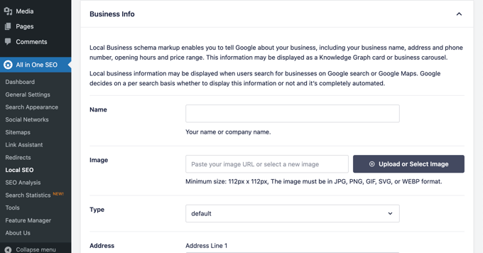 Local SEO settings in AIOSEO Local SEO settings in AIOSEO