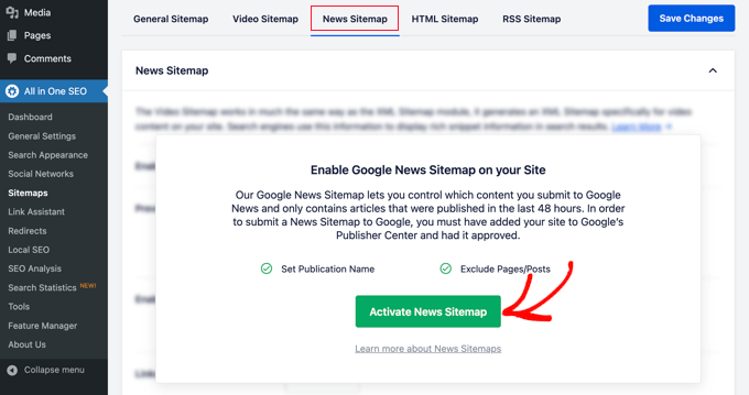 Click the 'Activate News Sitemap' Button Click the 'Activate News Sitemap' Button