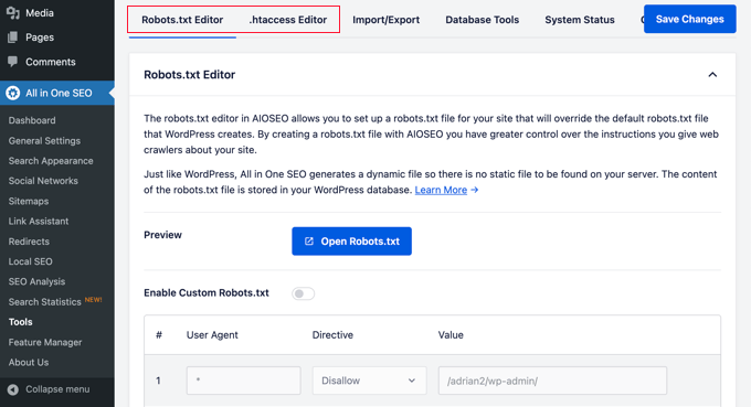 Robots.txt and .htaccess file editor in AIOSEO Robots.txt and .htaccess file editor in AIOSEO