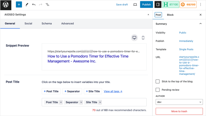 AIOSEO settings section for a single post or page AIOSEO settings section for a single post or page