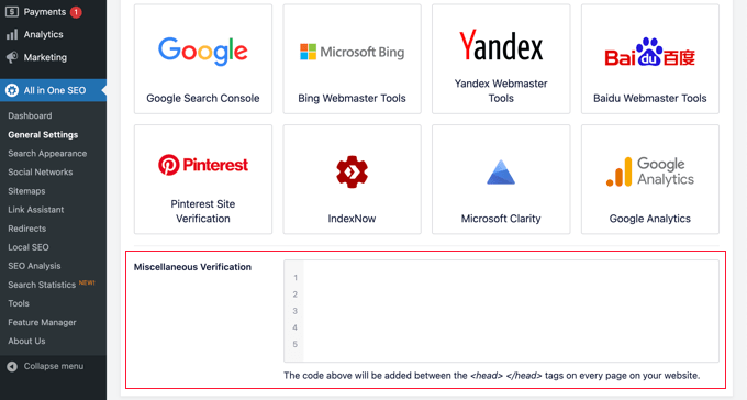 Miscellaneous Verification section in All in One SEO Miscellaneous Verification section in All in One SEO