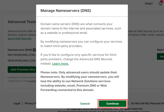 Click Continue to edit nameservers in Network Solutions Click Continue to edit nameservers in Network Solutions
