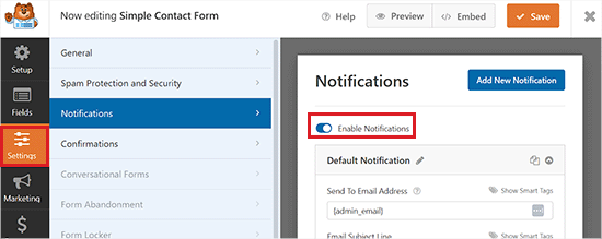 Enable the Email notification toggle Enable the Email notification toggle